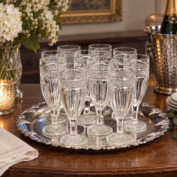 Vintage Champagne Flutes Set of 10 Clear Glass Diamond Pattern Stemware