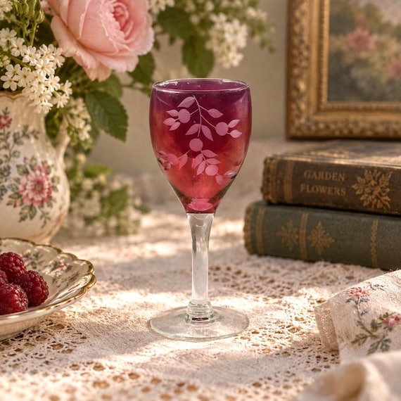 Vintage Cranberry Ruby Flash Cordial Glass Floral and Leaf Aperitif Stemware