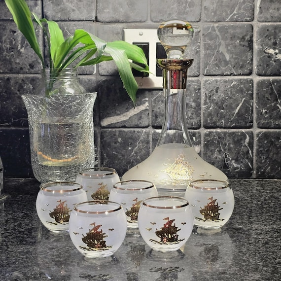 Mid Century Bohemia Ship Motif Decanter Set – Vintage Barware Eight-Piece Frosted Gold Enamel Glass