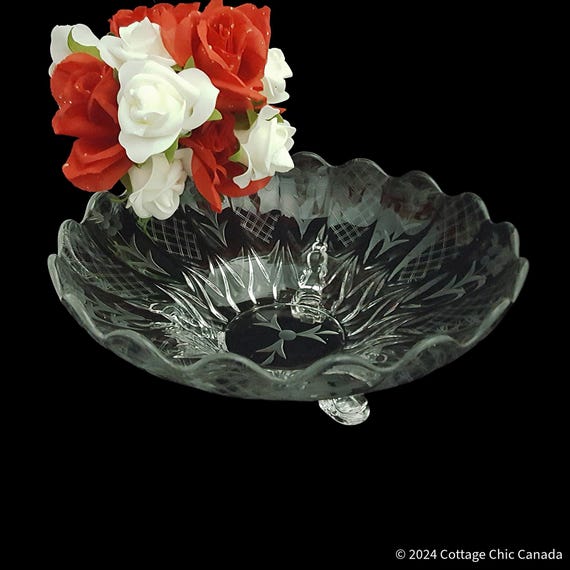 Federal Glass Footed Bowl – Elegant Floral Cut-Style Pattern USA