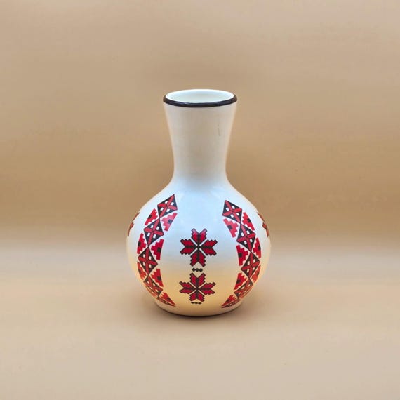Vintage Ukrainian Ceramic Vase – White Red Black Cross Stitch –  Mid Century Folk Art Pottery