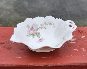 Antique MZ Austria Leaf Sauce Dish with Shabby Chic Cottage Pink Roses