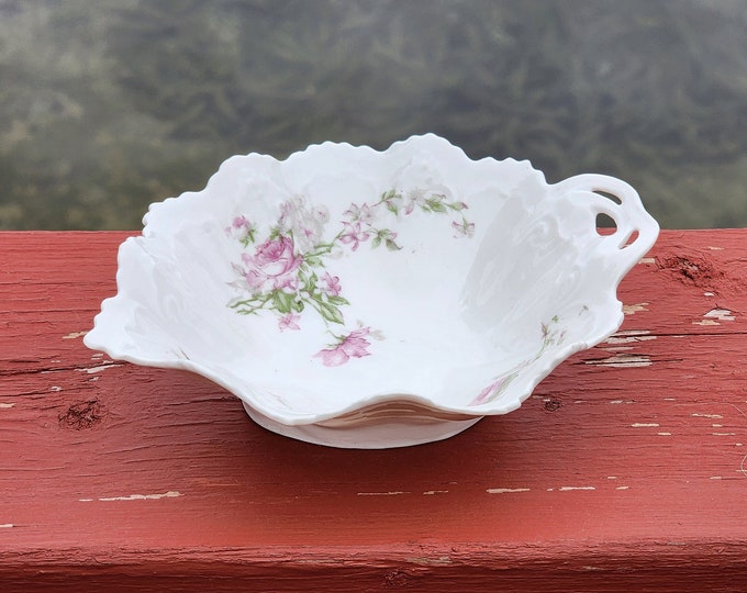 Antique MZ Austria Leaf Sauce Dish with Shabby Chic Cottage Pink Roses