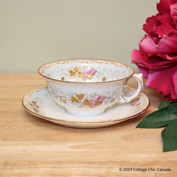 Antique Pointons England Teacup & Saucer - Edwardian Era, Shabby Chic Bone China, Pink Florals