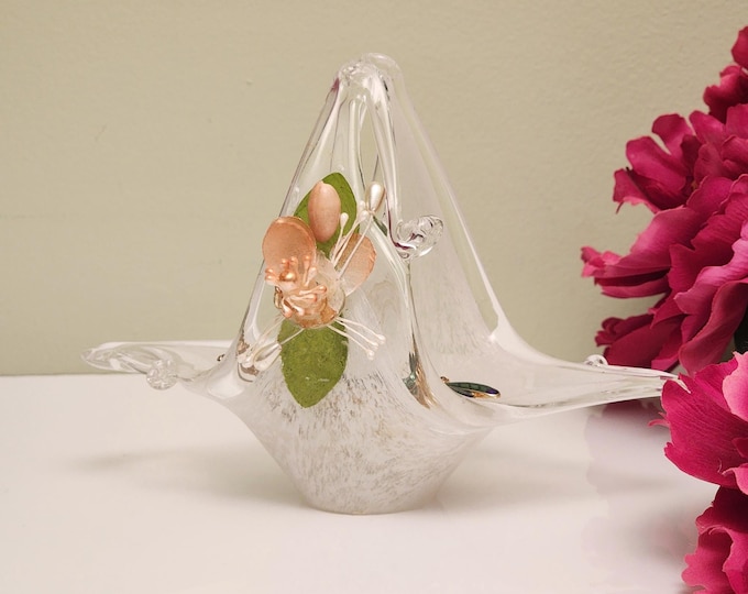 Murano Lavorazione White Confetti Art Glass Basket – Vintage Mid Century Home Decor