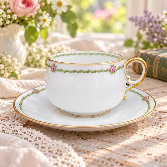Antique CH Field Haviland Schleiger 201 Teacup Saucer, Pink Rose Limoges Porcelain, GDA France