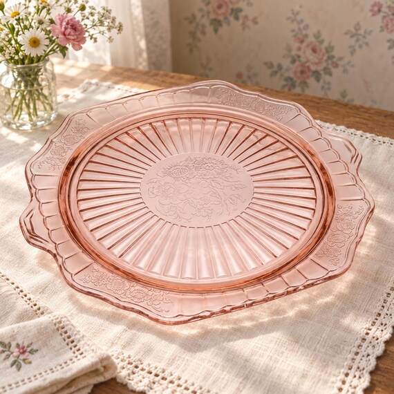 Vintage Hocking Mayfair Open Rose Cake Plate Pink Depression Glass Handled Sandwich Tray