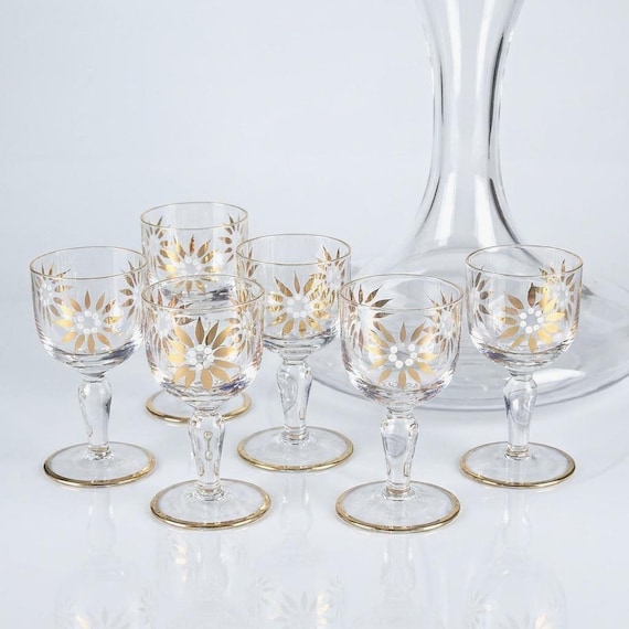 Mid Century Gold Starburst Cordial Glasses – Set of Six Vintage Barware