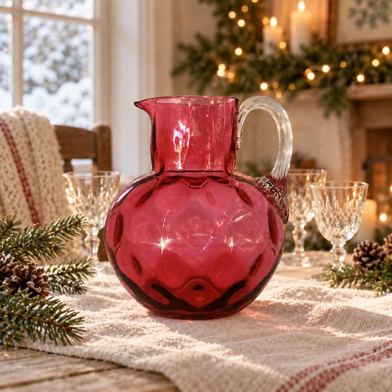 Vintage Cranberry Glass Pitcher, Coin Dot Pattern, Clear Rope Handle (5.5 Inch)