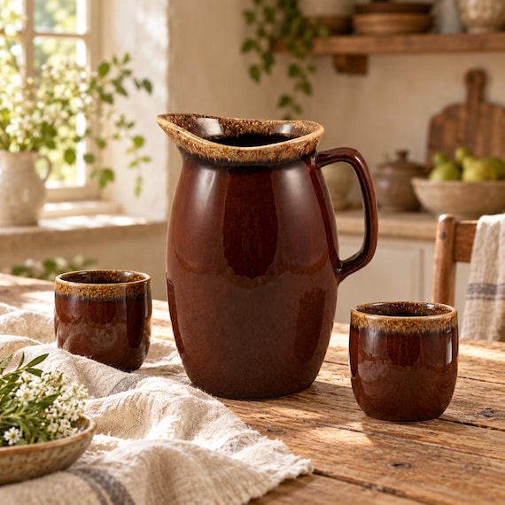 Vintage Hull Pottery Brown Drip Pitcher, Ceramic Jug, Rustic Farmhouse Decor, USA