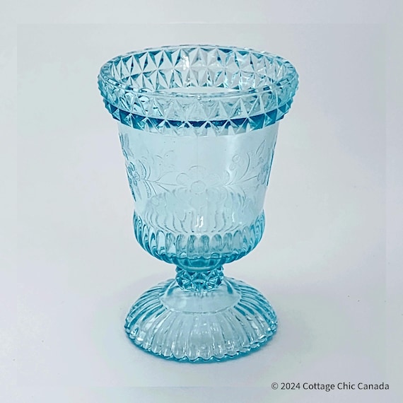 Antique EAPG Adams & Co. Wildflower Blue Open Spooner – Victorian Pressed Glass Holder, c.1880s