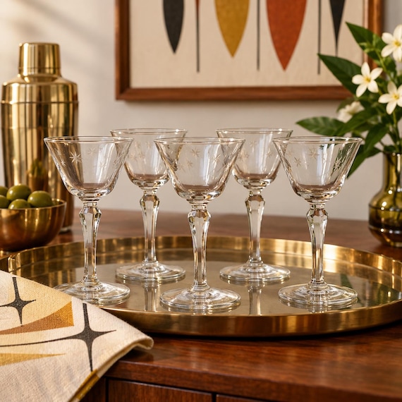 Libbey Style Star Etched Cordial Glasses, Vintage Mid-Century Barware, Set of Five, USA