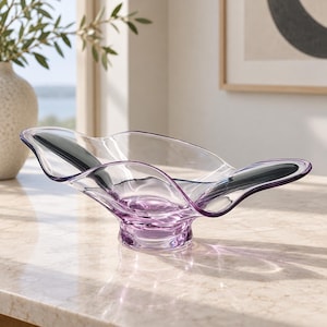 Puede incluir: Un cuenco de cristal morado translúcido con un borde ancho y ondulado en forma de ola y una base circular. El cuenco presenta una superficie lisa y pulida que capta la luz, creando sombras y reflejos suaves sobre su forma curva y orgánica.
