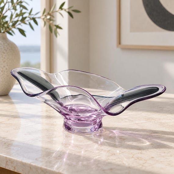 Vintage Mid Century Scandinavian Inspired Art Glass Bowl Lavender Freeform Design