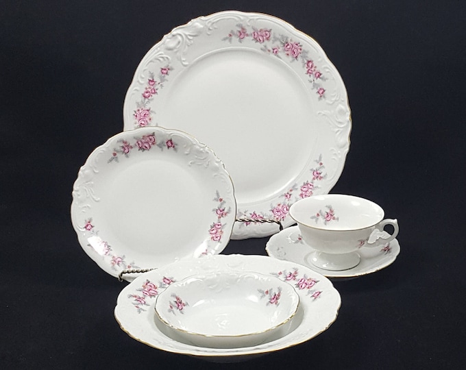 Wawel Poland Pink Rose Spray 6 Pc Place Setting, Mid Century Fine Bone China Dinnerware Tea Set