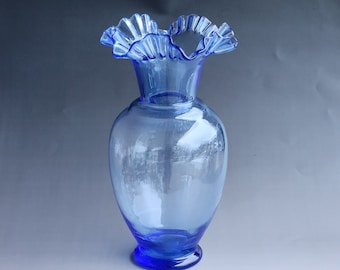 Mid Century Vintage 12" Hand Blown Blue Glass Vase with Crimped Ruffled Top