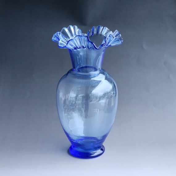 Mid Century Vintage 12" Hand Blown Blue Glass Vase with Crimped Ruffled Top