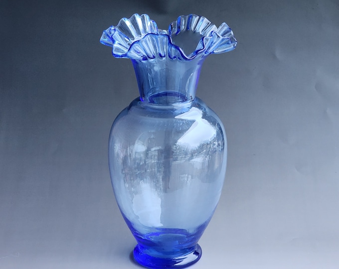 Mid Century Vintage 12" Hand Blown Blue Glass Vase with Crimped Ruffled Top