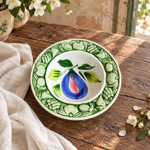 Vintage Italian Relief Pottery Bowl, Handcrafted Fruit & Vegetable Motif, Vietri Style Embossed