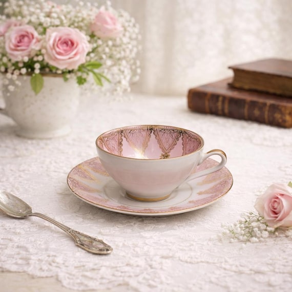 Schlottenhof Bavaria Demitasse Cup Saucer Pink Gold Art Deco Porcelain Germany