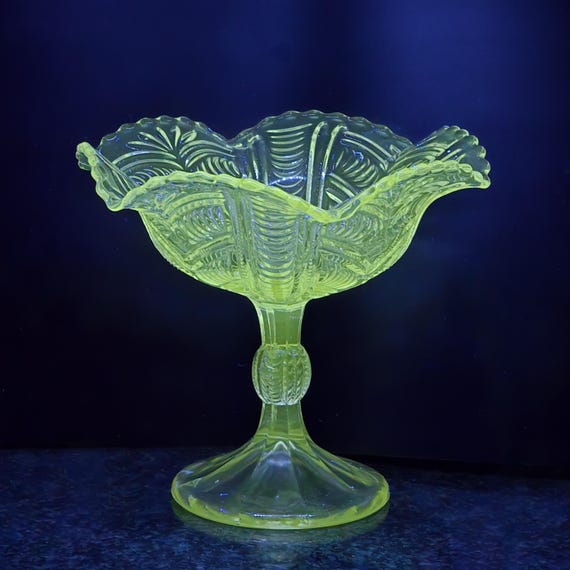 Antique Bryce Higbee EAPG Uranium Glass Compote, Feathered Swirl Pedestal Bowl, UV Glow Centerpiece