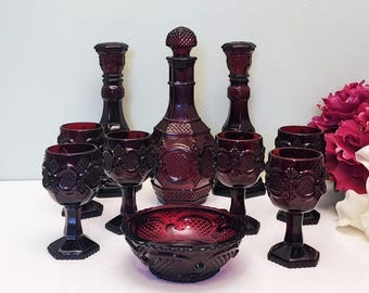Vintage Avon Cape Cod Ruby Red Glass Set – Decanter, Goblets, Bowl & Candlesticks