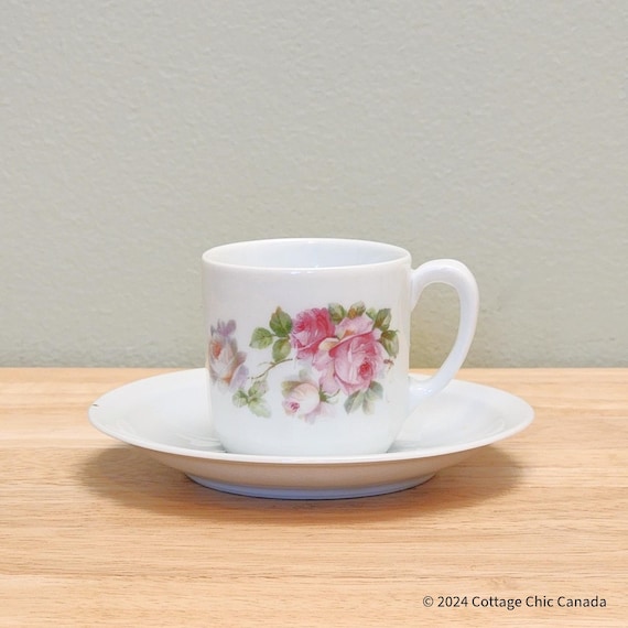 Bavarian Porcelain Demitasse Cup and Saucer Set – Pink Roses Floral Design Vintage Germany