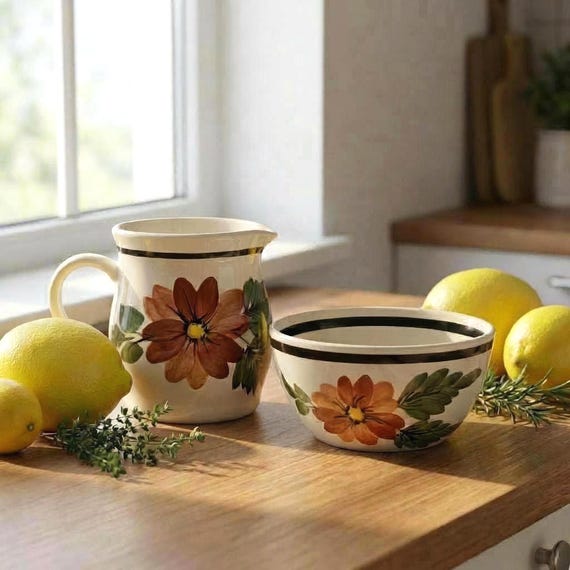 Toni Raymond Pottery Creamer and Sugar Bowl Set – Mid Century Floral Kitchenware England