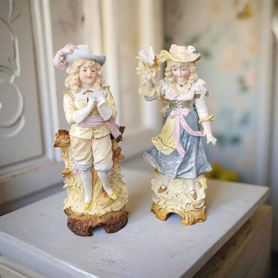 Unger Schneider Tall Bisque Porcelain Figurines Pair – Victorian Late 19th Century Germany