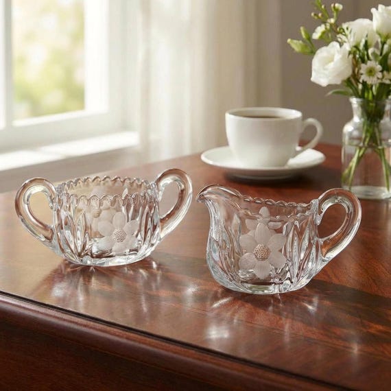 Antique EAPG Creamer and Sugar Set – U.S. Glass Floricut Marjorie Near-Cut USA