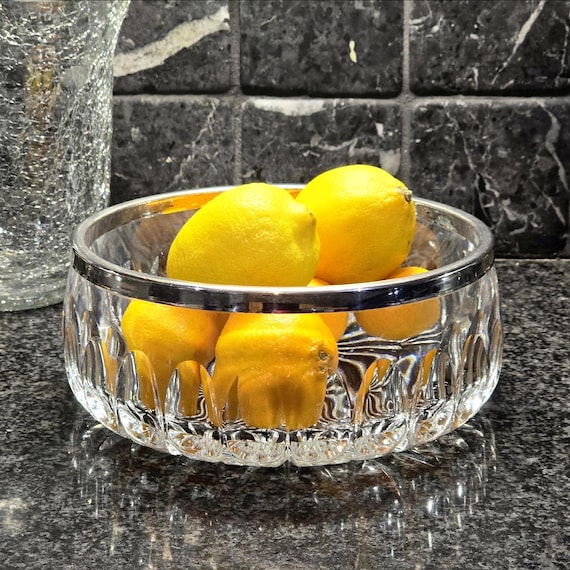 Mid Century Lead Crystal Centerpiece Serving Bowl with Silver Plate Rim – Europe