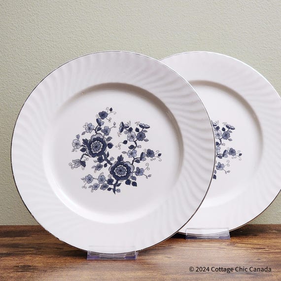 Wedgwood Royal Blue Ironstone Dinner Plates: Floral China, Set of 2