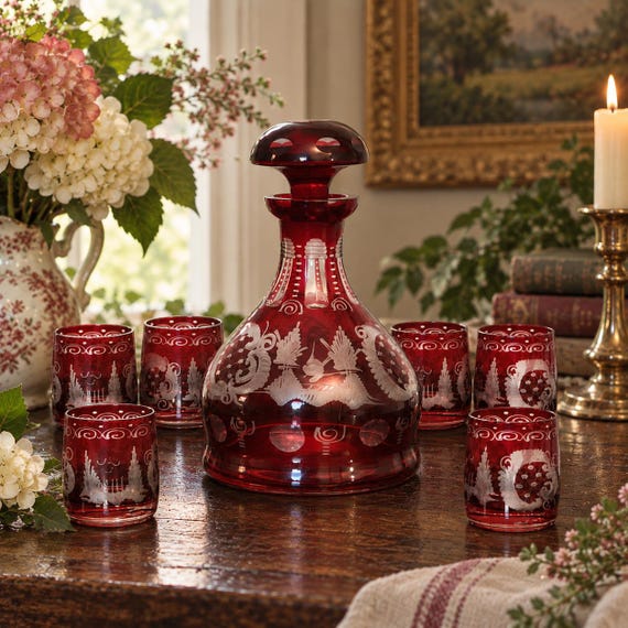 Vintage JOSKA Egermann Style Ruby Red Cut-to-Clear Lead Crystal Decanter Cordial Set Bavaria Bohemia