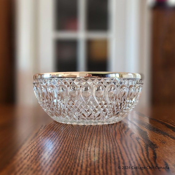 Mid Century Diamond Point Lead Crystal Centerpiece Bowl with Silver Plate Rim – Falstaff England