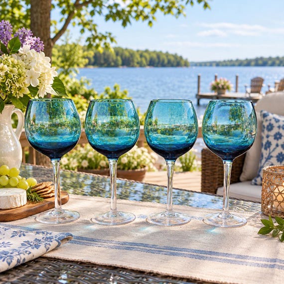 Vintage Teal Blue Balloon Wine Glasses Set of 4 Contemporary Stemware Barware
