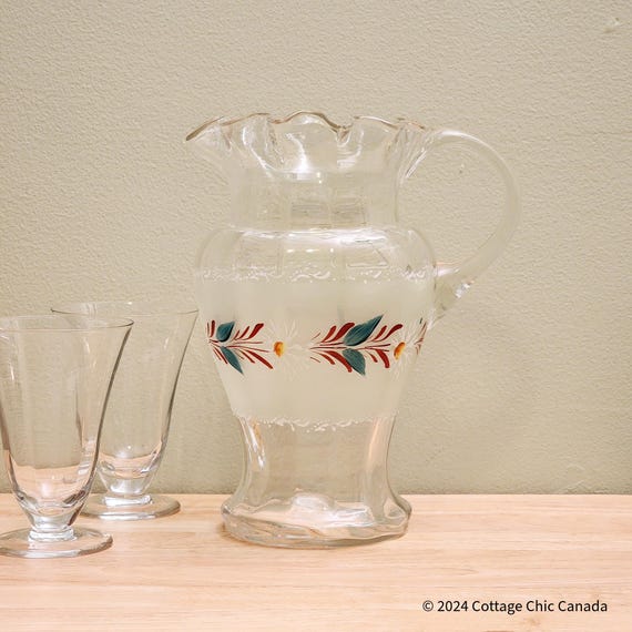 Victorian Hand Painted Glass Pitcher and glasses DEB) Victorian Hand Painted Glass Pitcher and glasses DEB)