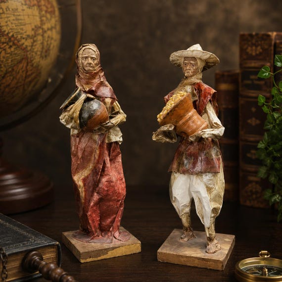Vintage Mexican Papier Mache Folk Art Figures Pair Rustic Market Villager Sculptures Handmade Decor