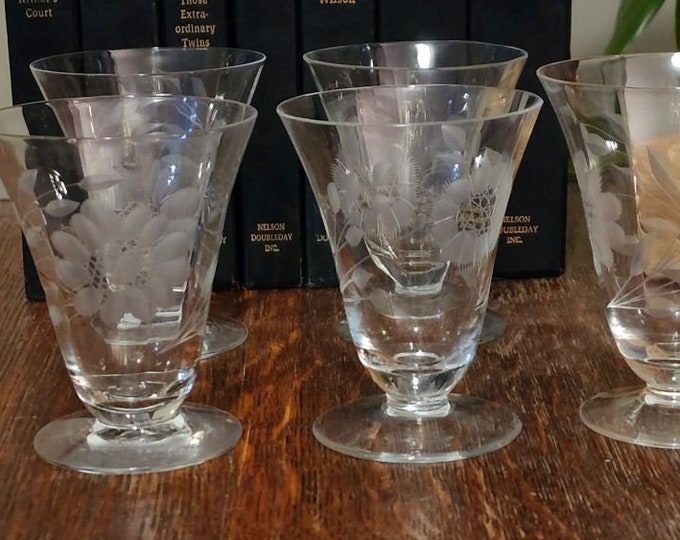 Hughes Cornflower Etched Wine Juice Tumblers - Imperial Glass, Smooth Stem, Optic, Set of 5
