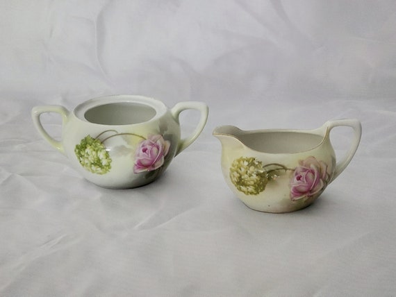 RS Silesia Creamer and Sugar Bowl – Vintage Hand Painted Porcelain Green Floral Germany