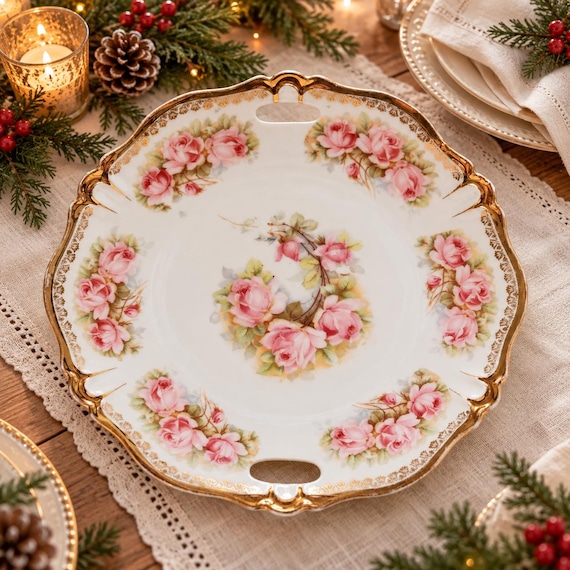 Vintage German Porcelain Cake Plate, Pink Roses & Gold Trim, Sandwich Serving Tray