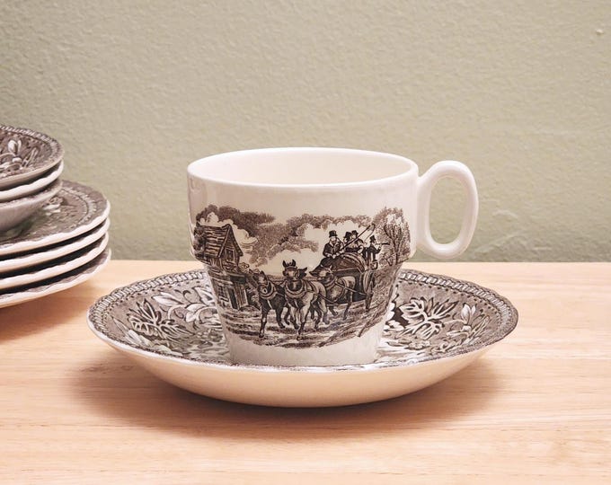 Royal Tudor Ware Coaching Taverns Brown Tea Cup & Saucer Set from Staffordshire, England