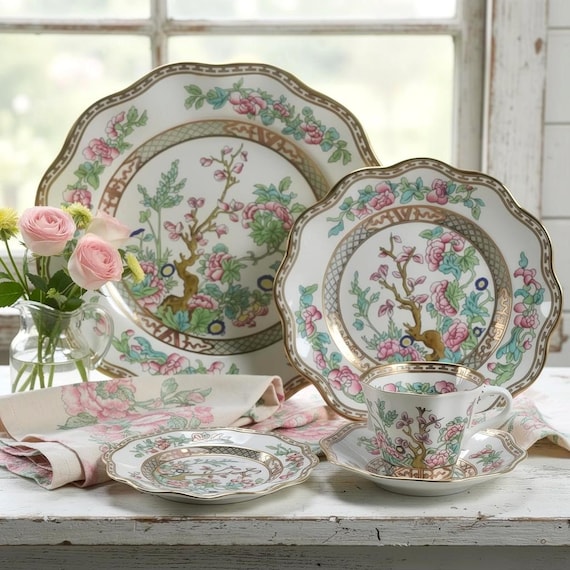 Antique Coalport Indian Tree – 5 Pc Place Setting – Fine Bone China England 1891–1920