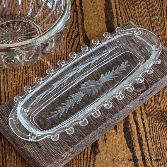 Heisey Lariat Daisy Etch Celery Dish – Vintage Mid Century Crystal Oval Serving Tray USA