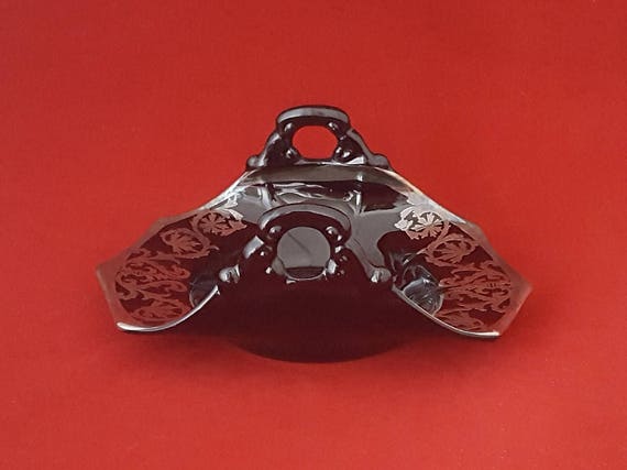 Art Deco Black Amethyst Glass Handled Dish – Vintage Cambridge Style Card or Serving Tray