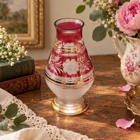 Vintage Bohemia Crystal Cranberry Glass Vase Etched Rose Gold Trim Czech 9 Inch