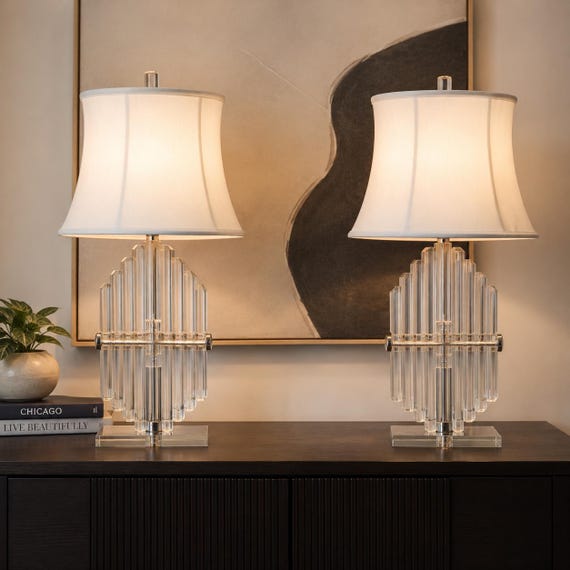Postmodern Lucite Block Table Lamps WITH Original Shades Attributed to Les Prismatiques