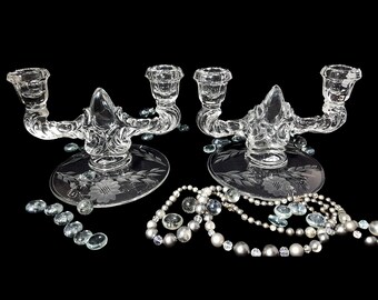 Hughes Cornflower Etched Glass Double Light Candlesticks - New Martinsville Janice Clear #4500, Set of 2
