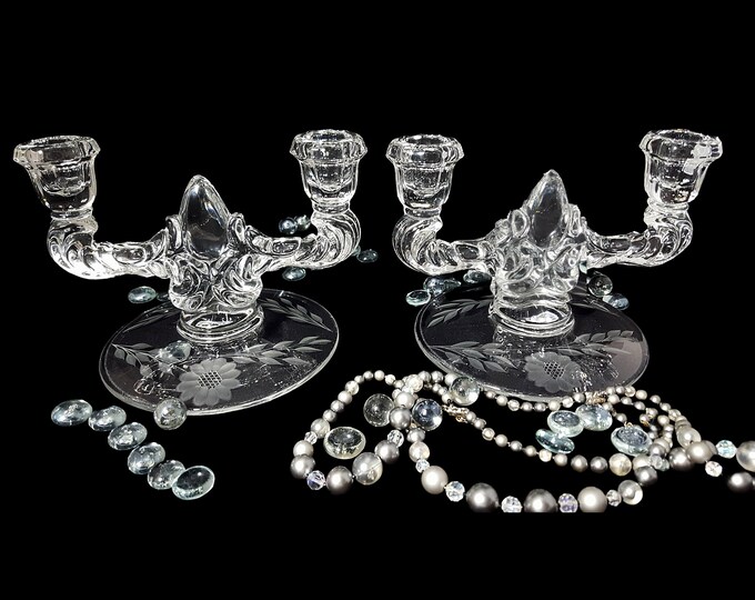 Hughes Cornflower Etched Glass Double Light Candlesticks - New Martinsville Janice Clear #4500, Set of 2
