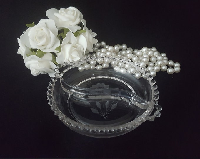 Hughes Cornflower Etched Glass Dish – Imperial Candlewick 400/54, 7" Vintage