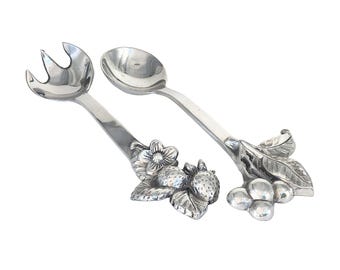 Arthur Court Aluminum Salad Fork and Spoon Serving Set with Fruit Design